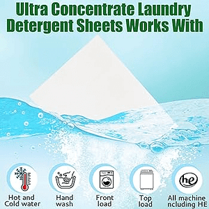 Close-up photo of laundry sheets dissolving in water, eco-friendly packaging visible