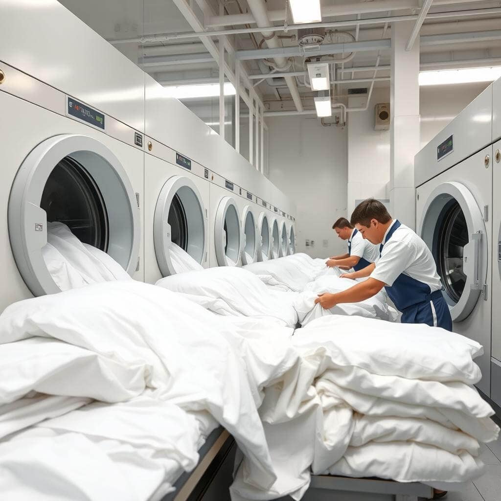Bright white hotel linens after professional washing