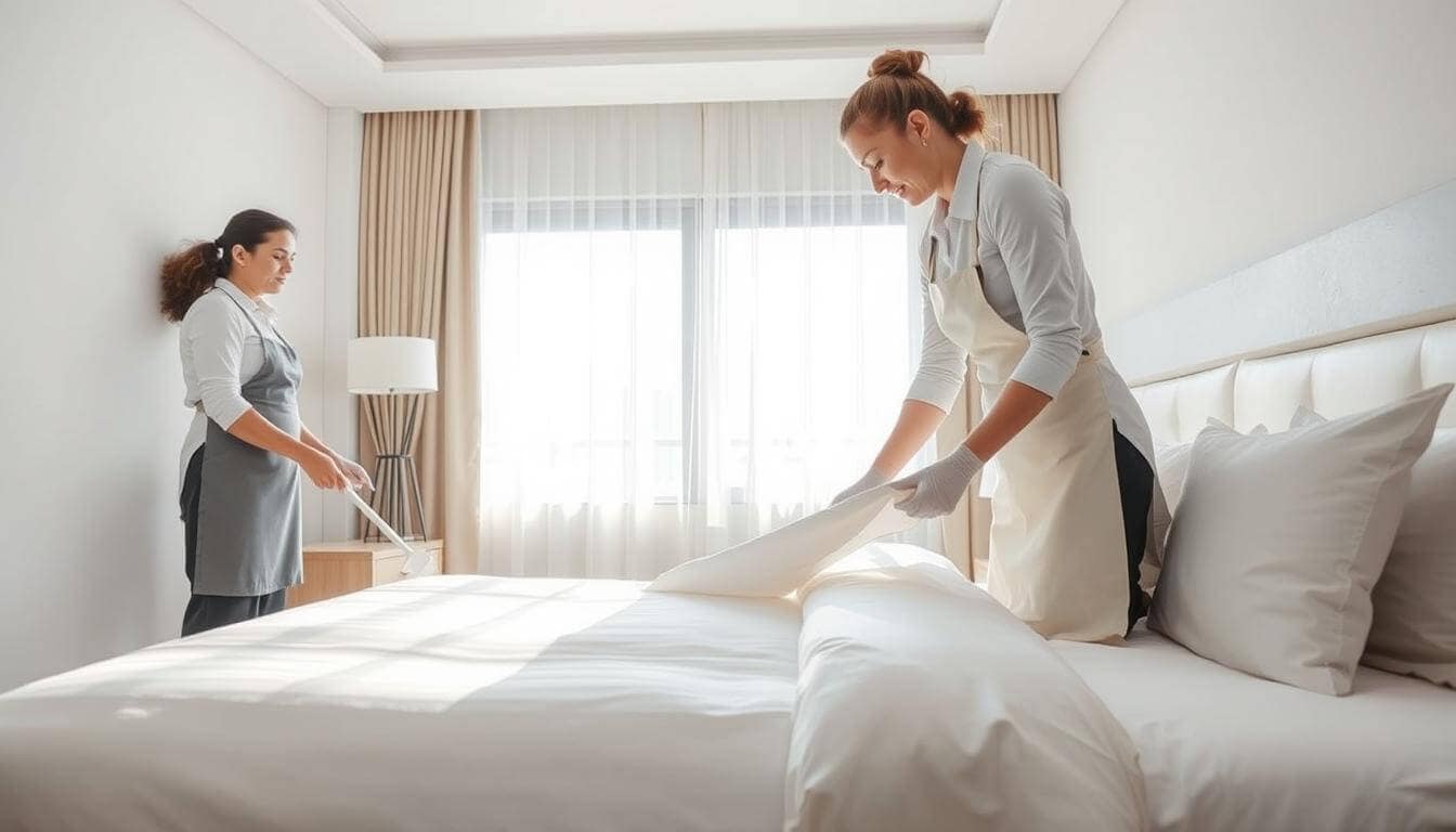 Hotel laundry staff using professional detergent