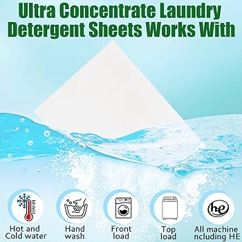 Close-up photo of laundry sheets dissolving in water, eco-friendly packaging visible